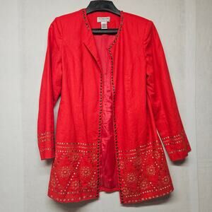 Vintage Victor Costa Red Linen Blend Embellished Embroidered Jacket M